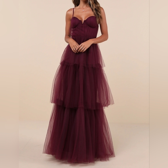 Lulus Women's Unforgettable Poise Plum Color Tulle Bustier Tiered Maxi Dress, S - Picture 1 of 12